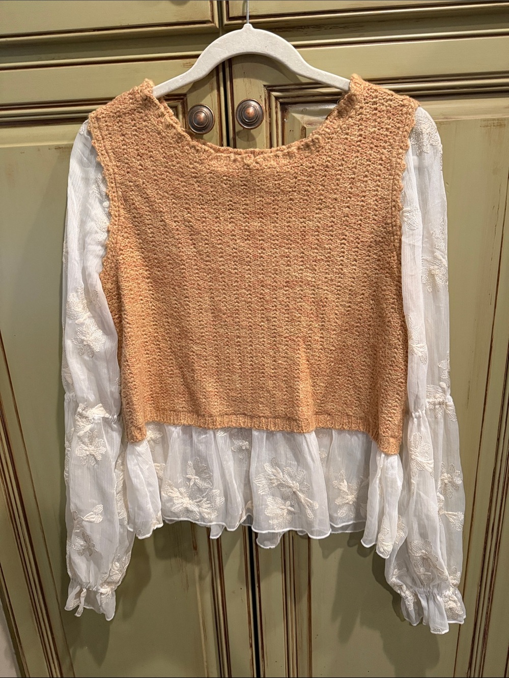 Anthropologie Peach Knit Overlay Top with White Embroidered Sleeves